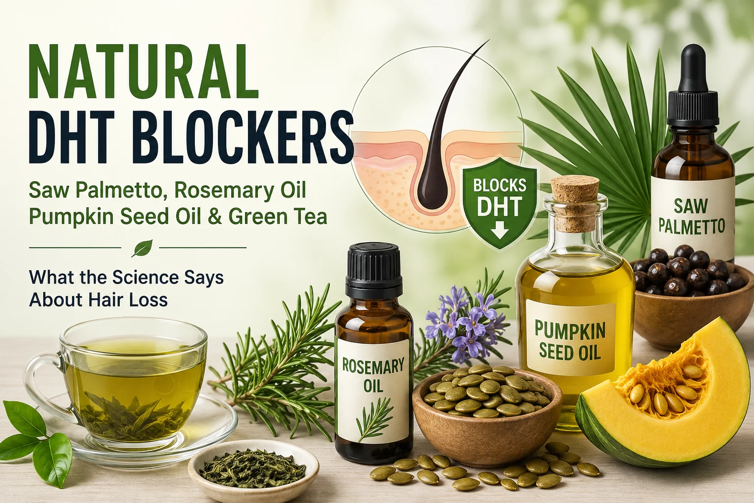Natural DHT Blockers: Saw Palmetto, Rosemary Oil, Pumpkin Seed Oil, and Green Tea